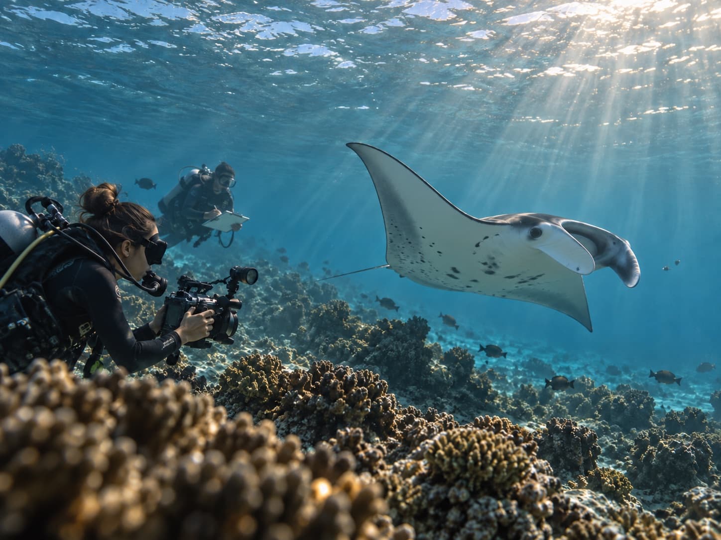Conceptual underwater marine-research scene with scientific divers observing a reef manta ray.